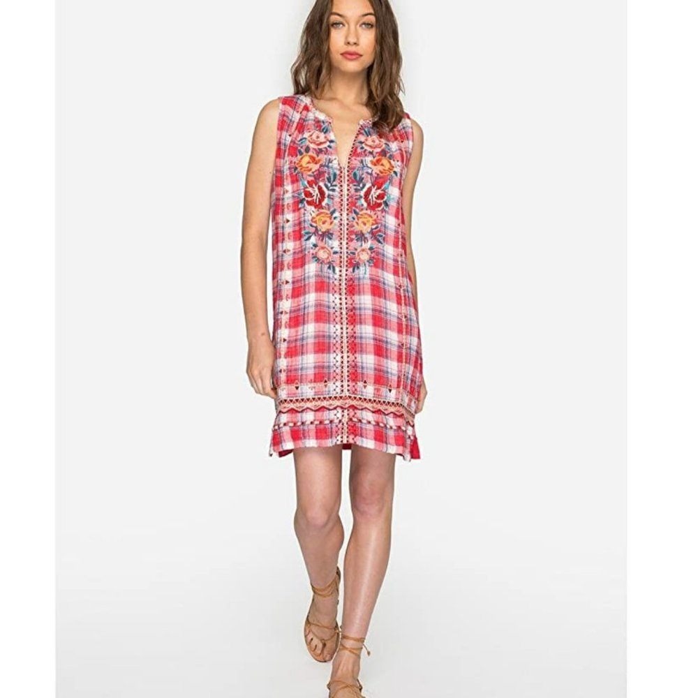 Johnny Was Workshop Nadia Peasant‎ Plaid Floral Tank Shift Dress Red S